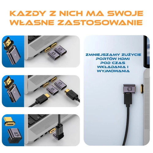 Przejściówka adaptor złącze magnetyczne HDMI 2.1 magnetyczny wtyk - gniazdo kątowe 90 stopni góra 8K 60Hz 4K 120Hz