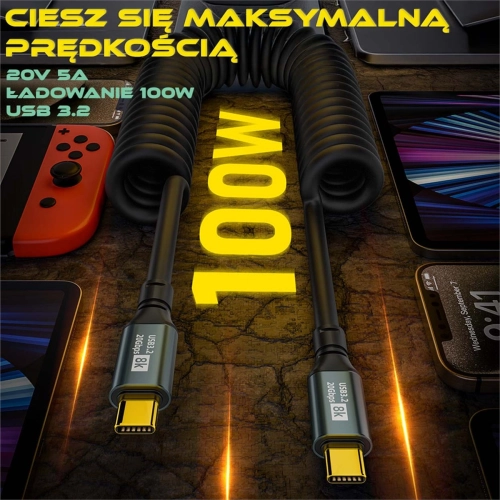 Kabel wtyk USB-C - gniazdo USB-C przedłużacz sprężynka  PREMIUM 50cm -150cm by Shudder-107153