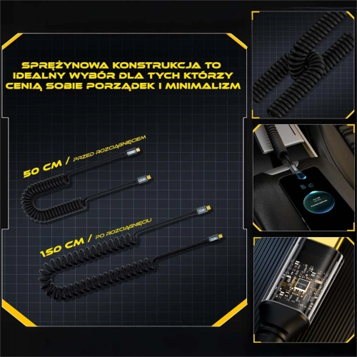 Kabel wtyk USB-C - wtyk USB-C kątowy 90 stopni przewód sprężynka PREMIUM 50 - 150 cm by Shudder-107205