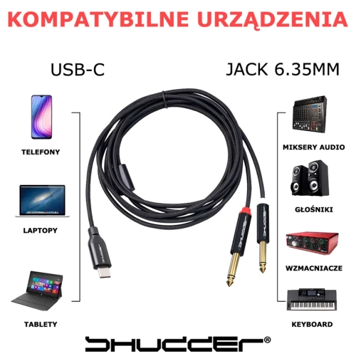 Kabel wtyk USB-C - wtyk Jack 6.3mm L+R  stereo 2m Shudder PREMIUM USB - C - 2x duży Jack 6.3mm-107470