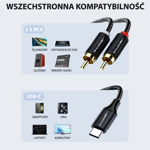 Kabel wtyk USB-C - 2 RCA 3m Shudder PREMIUM USB-C - 2 Cinch, USB C - 2xRCA-107492
