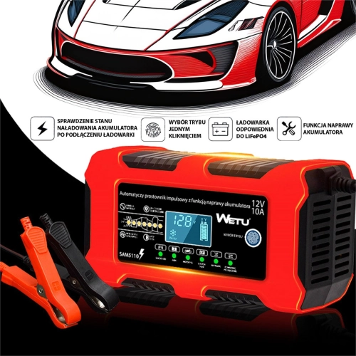 Automatyczny Prostownik WETU do akumulatorów LiFePO4 AGM Żelowych 12V 10A z funkcją naprawy akumulatora -109150