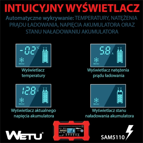 Automatyczny Prostownik WETU do akumulatorów LiFePO4 AGM Żelowych 12V 10A z funkcją naprawy akumulatora -109151